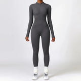 Huibaolu Ribbed Seamless Gym Yoga Jumpsuit Women Sportswear Autumn Winter Long Sleeve Zipper Fitness Sport Overalls One Piece Outfit