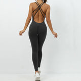 Huibaolu Backless Bodycon Scrunch Jumpsuit Raises Butt Women Dance Fitness Overalls Push Up Sleeveless Yoga Sport Jump Suit Black