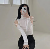 Huibaolu Out Off Shoulder Crop Tops Babes Sexy Turtleneck Long Sleeve T-shirt Skinny Bottoming Shirt Slim Short Tee Women Y2k Top