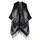 Huibaolu Retro White Print Poncho Cardigan Faux Cashmere Women Shawl Scarf Jackets Tie-dye Black Blanket Cape Pashmina Claok Coats