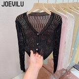 Huibaolu Ice Silk Knitted Cardigan Hollow Out Thin Crop Top Summer Sun Protection Shawl Women's Casual Shirt with Suspender Skirt