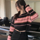 Huibaolu Y2K Street Sweaters Women Korean Style Striped Cropped Sweater Female Autumn Long Sleeve O-Neck Knitted Pullovers Tops