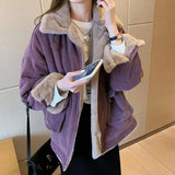 Huibaolu Thicken Corduroy Winter Jacket Women Korean Zipper Warm Lamb Wool Cotton Coat Ladies Casual Loose Turndown Collar Parkas