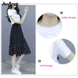 Huibaolu Summer New Short-sleeved T-shirt Chiffon Polka Dot Skirt Two-piece Set Women's All-match White Top Black Midi Skirts Suit