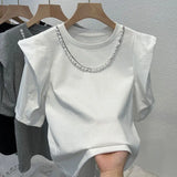 Huibaolu Korea Dongmen Spring/Summer New Solid Round Neck Design Pearl Chain Casual Short Sleeve T-shirt