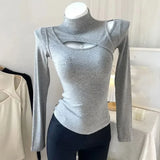 Huibaolu Turtleneck Thin Velvet Blouse Women's Sexy Hollow Out Long Sleeve T-shirt Autumn Bottoming Shirts Korean Lining Y2k Tops