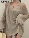 Huibaolu Knitted Sweater V-neck Off Shoulder Pullover Jumper Casual Sunscreen Cover Up Korean Fashion Streetwear Hollow Blouses