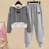 Huibaolu Women's Tracksuit 2024 Fall/Winter New Striped Embroidered Sweater + Cotton Pants Two-piece Korean Casual Hoodies Trousers Suit