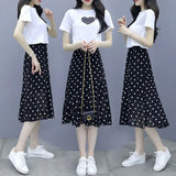 Huibaolu Summer New Short-sleeved T-shirt Chiffon Polka Dot Skirt Two-piece Set Women's All-match White Top Black Midi Skirts Suit