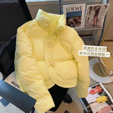 Huibaolu Style Flower Buckle Women's Jacket Yellow Sweet Quilted Coat Women Winter Loose Stand Neck Warm Thicken Cotton Parkas