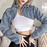 Huibaolu Waist Y2K Solid Crop Denim Jacket Women Autumn Sexy Kpop Streetwear Jean Coat Female Chic Short Outwear 2024 E Girl Tops