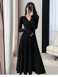 Huibaolu Spring Basic Wear Women New Year Red French Style Design Slim Fit A Line V Neck Knitted Sweater Dress Long Maxi Vestidos