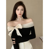 Huibaolu Off Shoulder Bow T-Shirt Women Sexy Exposed Clavicle Crop Top Spring and Autumn Korean Elegant Long Sleeve Bottom Shirts