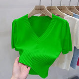 Huibaolu Collarbone V-neck Short Sleeve Knit Sweater Women's Niche Design Sense Top Short Spring 2024 New Base Shirt Women