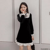 Huibaolu Velvet Dresses 2024 Autumn Winter Basic Wear Cute Sweet Japan New Year Date Girls Ruffles Lace Little Black Mini Dress