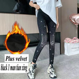 Huibaolu Black Stretch Rhinestone Skinny Leggings Women Autumn Winter Thick Velvet Ankle-Length Pants Tide Elasticit Shinny Legging