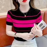 Huibaolu Summer New Round Neck T-shirt Short Sleeve Women's Thin Striped Knit Sweater Thin and Pure Desire Half Sleeves Top