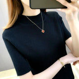 Huibaolu 2024 New Sleeve Short Half Turtleneck Thin Knitted Green Undershirt Versatile Top