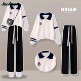 Huibaolu Spring New Polo Shirt Sweater + Casual Sports Wide-leg Pants Two-piece Woman Tracksuit Set Korean Elegant Loose Sportswear