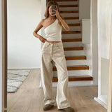 Huibaolu Solid Color Casual Straight Pants Female Beige Loose Wide Leg Denim Trousers Women Spring New High Waist Jeans De Mujer