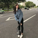 Huibaolu Cropped Denim Jacket Women Korean Fashion Back Split Buttons Up Bomber Jacket Female Lapel Long Sleeve Jeans Coats 2024