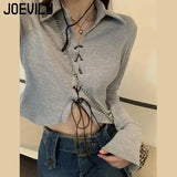 Huibaolu Bandage T-shirt Polo Neck Irregular CropTop Babes Korean Slim Long Sleeve Tee Vintage Gothic Y2k Clothes Skinny Shirt