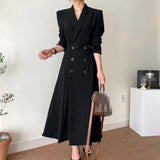 Huibaolu Women's Spring Autumn Casual A-Line Midi White Shirt Dress Long Sleeve Elegant Slim Waist Vestidos Female Fashion Black Clothes