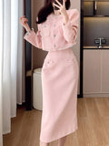 Huibaolu Elegant Women Pink 2 Pieces Set 2024 Autumn Tassel Long Sleeve Coat A-line Chic Midi Skirt Spring Y2k Lady Dress Suits