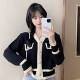 Huibaolu Harajuku Contrast Y2K Knit Cardigan Women Korean Chic V-Neck Short Sweater Coat Ladies Casual Wild Long Sleeve Cardigans