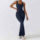 Huibaolu Hollow Backless Scrunch Gym Flare Jumpsuit Sport Leisure Women 1 Piece Clothing Yoga Dance Jump Suit Black Fitness Overalls