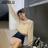 Huibaolu Out Knit Crop Top Women's Slim Fit Long Sleeve Pullover Spring Summer Casual Shirts Korean Fashion Streetwear Blouse Y2k