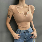 Huibaolu High Street Y2K Cropped T-Shirt Women Sexy Skinny V-Neck Basic Crop Tops Female Summer Slim Fit White Short Sleeve Tees