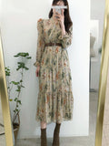 Huibaolu Temperament Dress Women Korean Style Casual Date Wear New Year Cute Slim Waist Floral Printed Chiffon Vintage Dresses Long