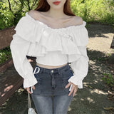 Huibaolu Korean Fashion Ruffles Chiffon Blouse Women 2024 Spring Patchwork V-Neck Shirts Female All-Match Long Sleeve Crop Tops