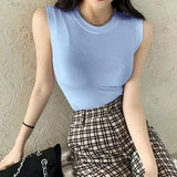 Huibaolu Summer Sleeveless T Shirts for Women Simple Soft Elastic Skinny Basic T-Shirt Solid Color O Neck Bottoming Tops Female