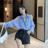 Huibaolu Off Shoulder Shirt Women's Loose Fitting Mid Length Niche Design Tops Summer French Style Thin Top Korean Casual Blouses