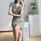 Huibaolu Korean Fashion Women Long Dress Summer Elegant Drawstring V-Neck Maxi Dress Female Slim Fit Split Evening Party Vestidos