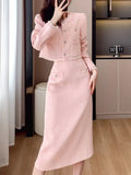 Huibaolu Elegant Women Pink 2 Pieces Set 2024 Autumn Tassel Long Sleeve Coat A-line Chic Midi Skirt Spring Y2k Lady Dress Suits