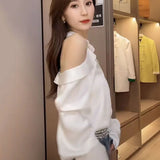 Huibaolu Elegant Ladies Tops Shoulderless Solid Color Shirts Hollow Long Sleeves Summer Loose Blouses Women White Blusas Mujer