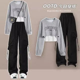 Huibaolu Women's Spring Autumn Tracksuit Korean Elegant Casual Fake Two Piece Top+Black Cargo Pants Two Piece Set Female Sportwear Suit