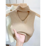 Huibaolu Out V-neck Sweater Half High Neck Knitting Small Camisole Women's Inner Vest Sleeveless Short Top