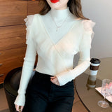 Huibaolu Sweater 2024 New Mesh Paneled Off-the-shoulder Knit Sweater with Undershirt Women's Autumn and Winter Top