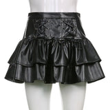 Huibaolu Gothic Black PU Leather Mini Skirts Woman Harajuku Punk Goth Dark Grunge Y2K Skirt Women High Waist Lace Up Short Skirts