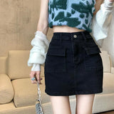 Huibaolu Khaki Denim Cargo Mini Skirt Women 2024 Summer High Waist Bag Hip Skirts Female Sexy Skinny Pocket Anti-Glare Short Skirts