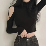 Huibaolu Out Off Shoulder Crop Tops Babes Sexy Turtleneck Long Sleeve T-shirt Skinny Bottoming Shirt Slim Short Tee Women Y2k Top