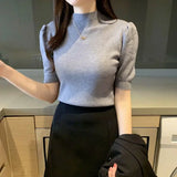 Huibaolu High Neck Bubble Sleeve Bottom Top for Women Spring and Autumn New Slim Fit Sweater Vest Half Short Sleeve Knit Tops