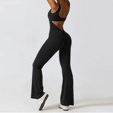 Huibaolu Hollow Backless Scrunch Gym Flare Jumpsuit Sport Casual Women One Piece Outfits Yoga Dance Jump Suit Black Fitness Overalls