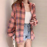 Huibaolu Vintage Plaid Shirts for Women Harajuku Streetwear Single-Breasted Loose Casual Blouse Woman Korean Wild Long Sleeve Shirt