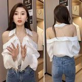 Huibaolu Elegant Ladies Tops Shoulderless Solid Color Shirts Hollow Long Sleeves Summer Loose Blouses Women White Blusas Mujer