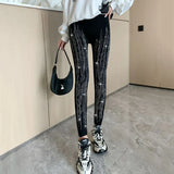 Huibaolu Black Stretch Rhinestone Skinny Leggings Women Autumn Winter Thick Velvet Ankle-Length Pants Tide Elasticit Shinny Legging